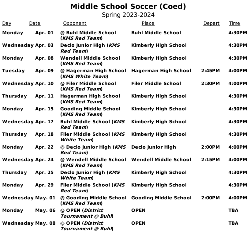 2024 KMS Soccer Schedule