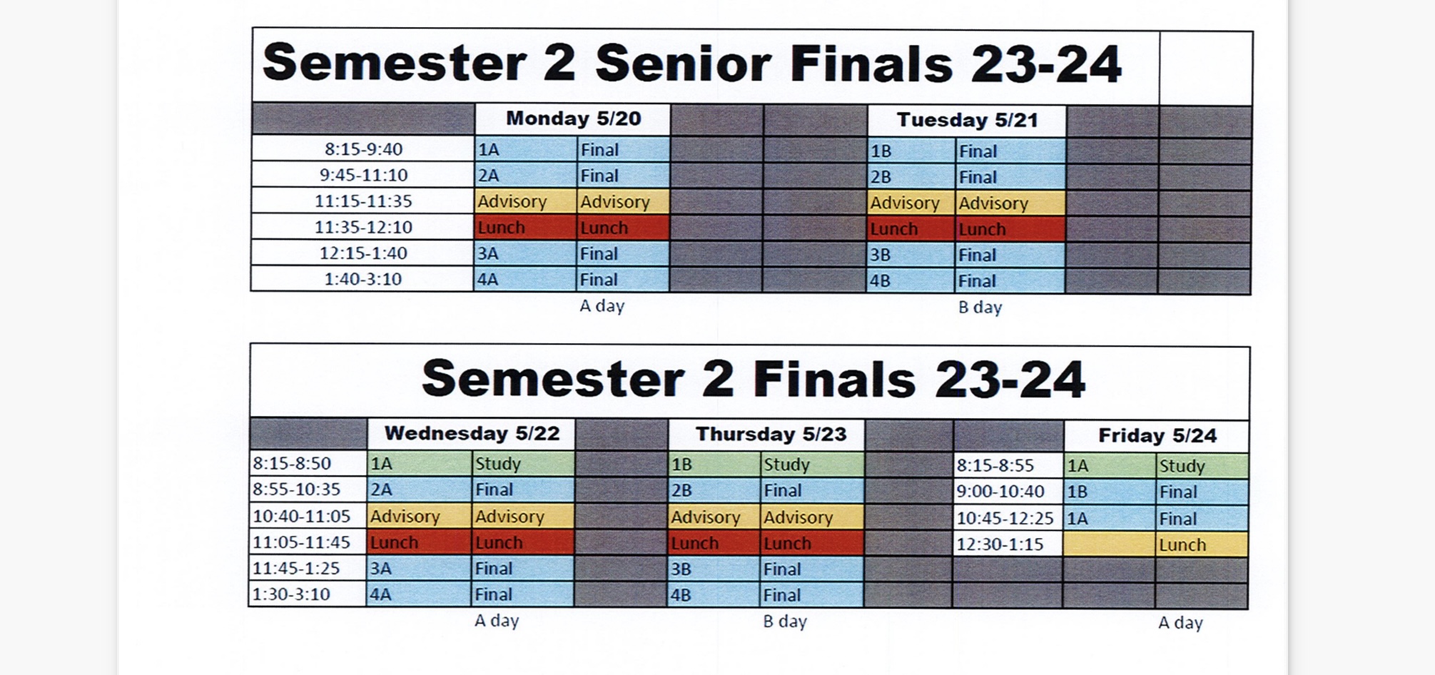 Finals Schedule Kimberly School District