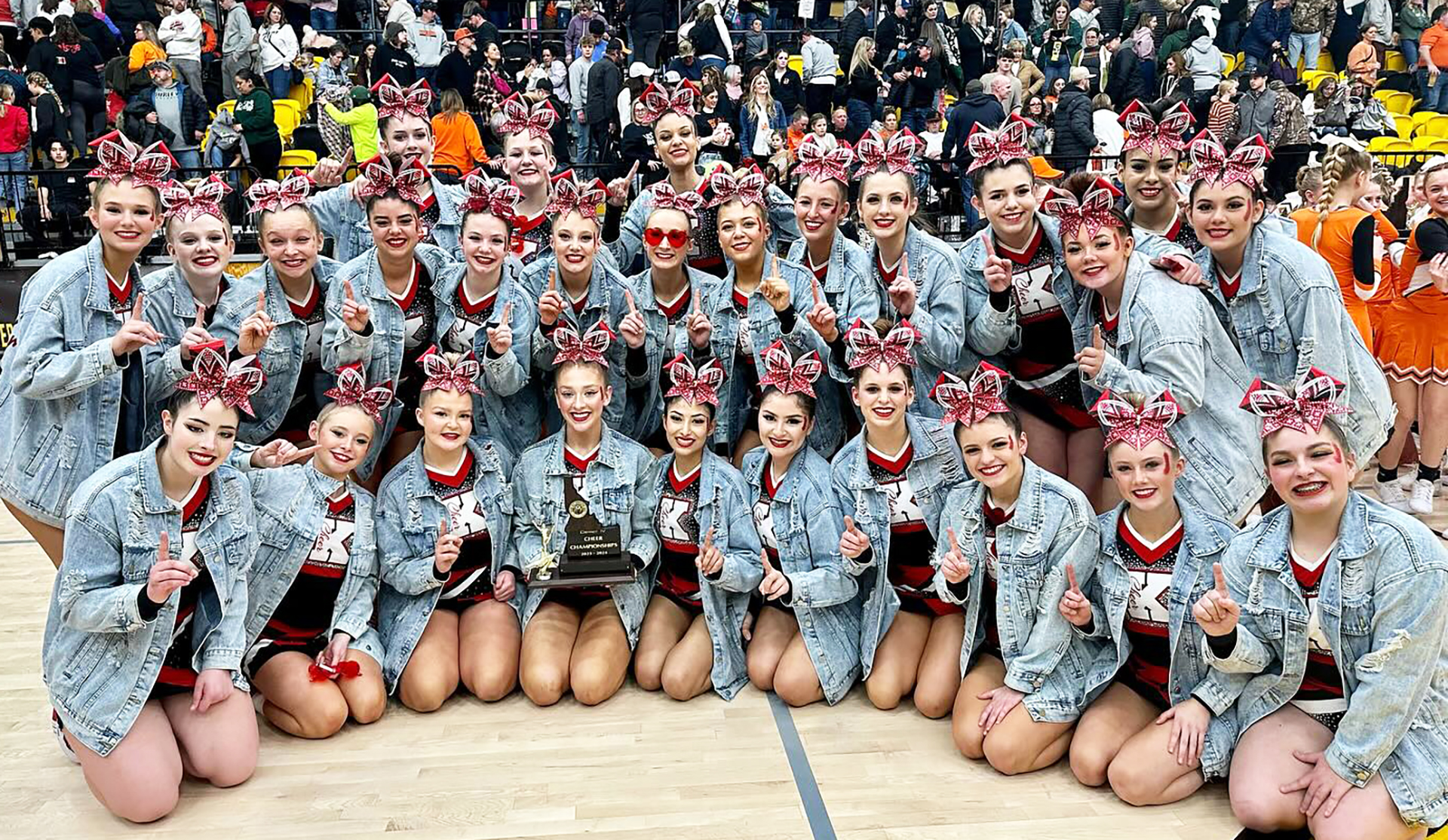 The KHS cheer team poses for a picture after sweeping districts on Saturday, Feb. 3. | Photo via KHS Athletics Facebook page