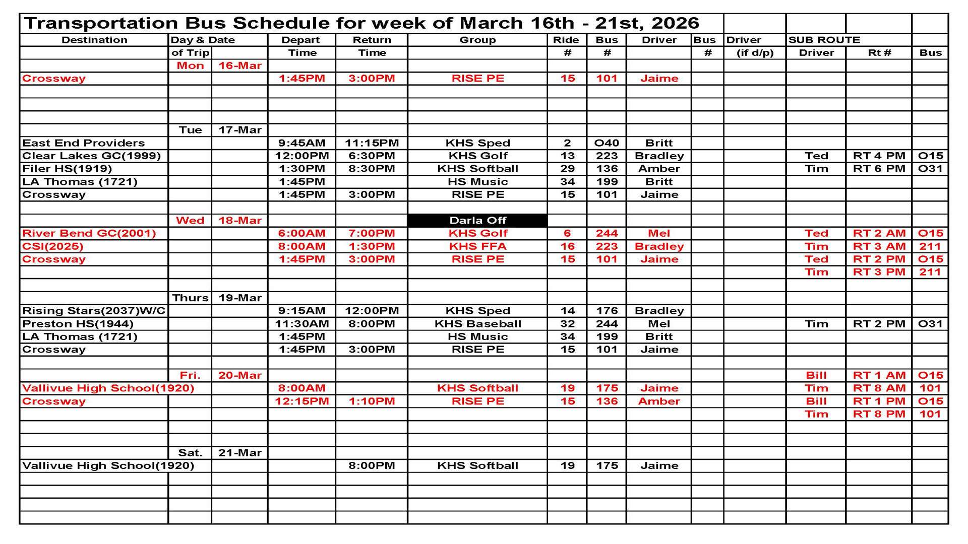 Transportation Next Week